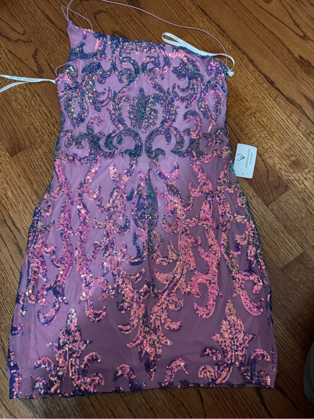 Windsor Pink Sequin Scroll Strapless Mini Dress